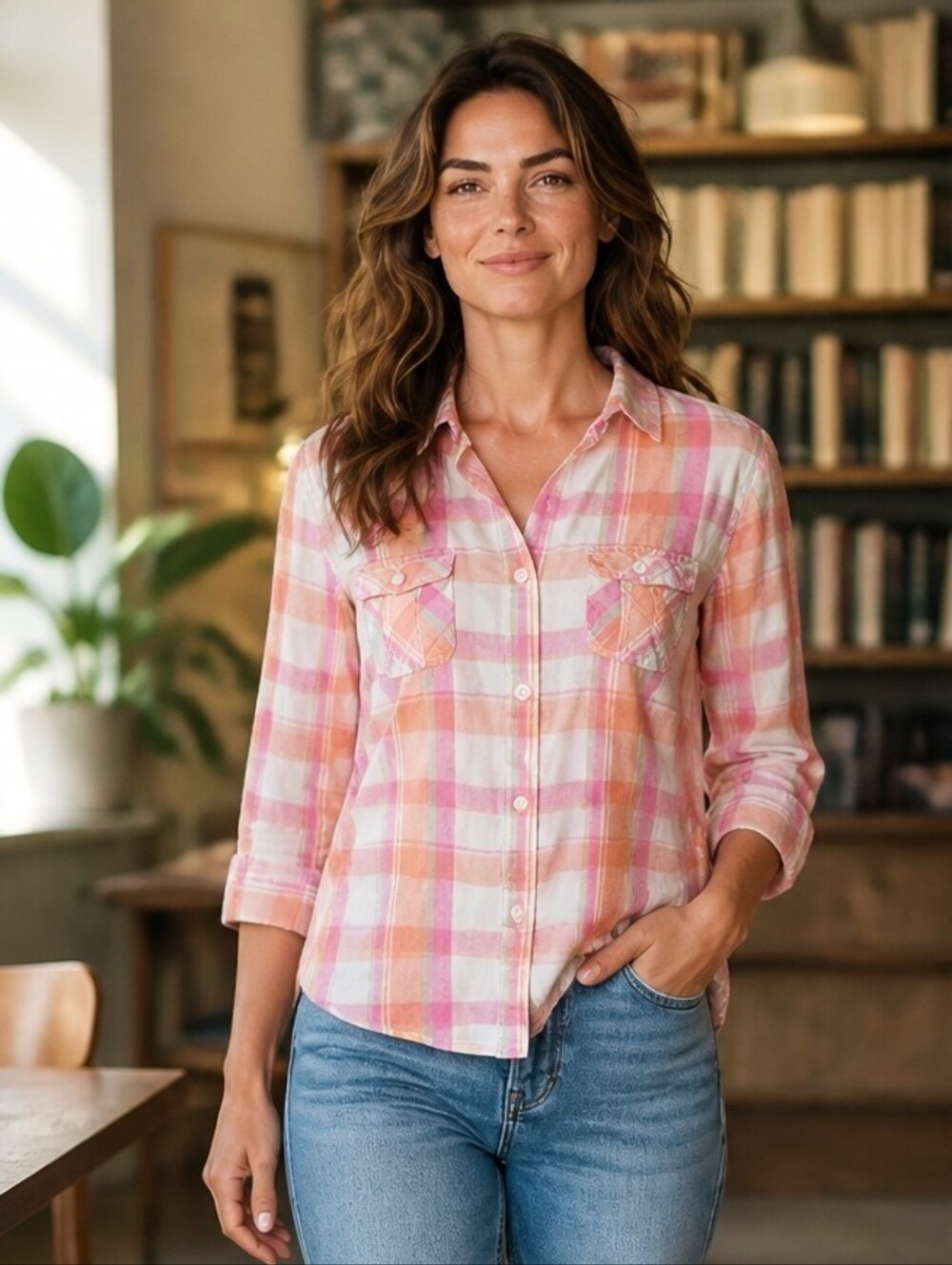 AEO Favorite Fit Pink Orange Plaid Lightweight Linen Cotton Button-up Medium Y2K
